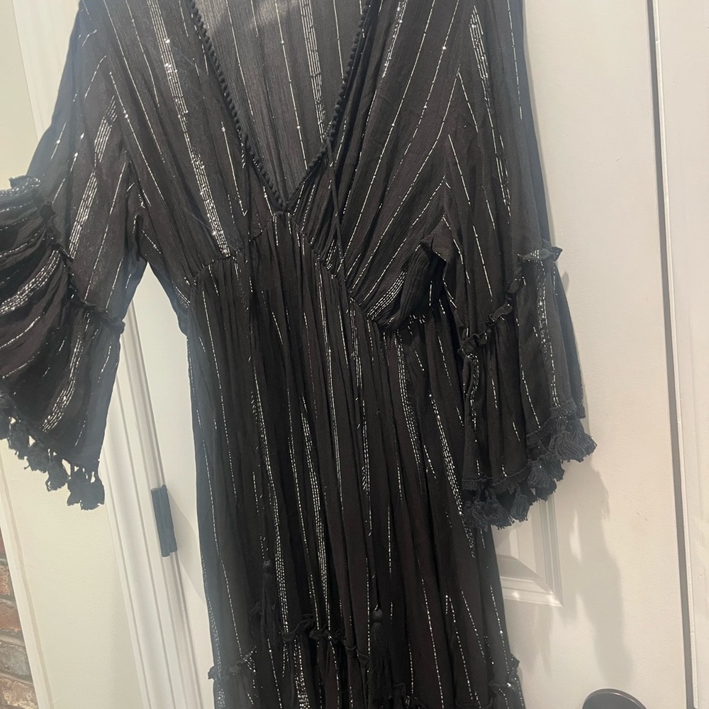 Vintage Black Swim Coverup with Silver Metallic Stripes